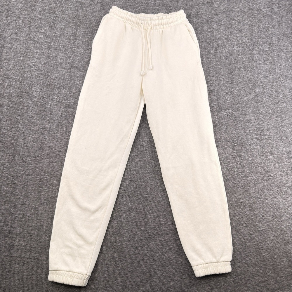 Zara Womens Jogger Sweatpants Cream Ecru Fleece Lined Size S Drawstring Lounge